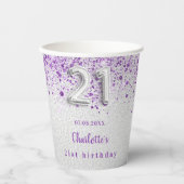 21ste verjaardag zilveren paarse glitter naam papieren bekers (Voorkant)