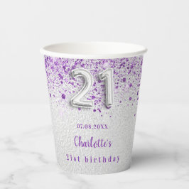 21ste verjaardag zilveren paarse glitter naam papieren bekers