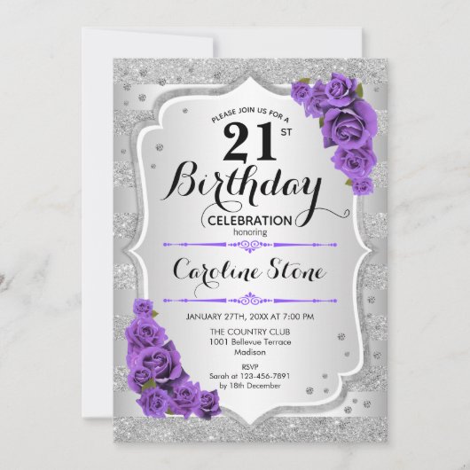 21ste verjaardag - Zilveren strepen Paarse Rozen Kaart (Voorkant)