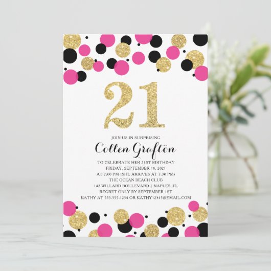 21ste Verjaardag Zwart Hot Pink Gold Glitter Confe Kaart (Staand voorkant)