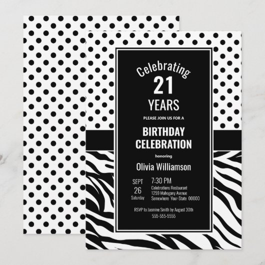 21ste verjaardag: Zwarte en Witte Partij Kaart (Voorkant / Achterkant)