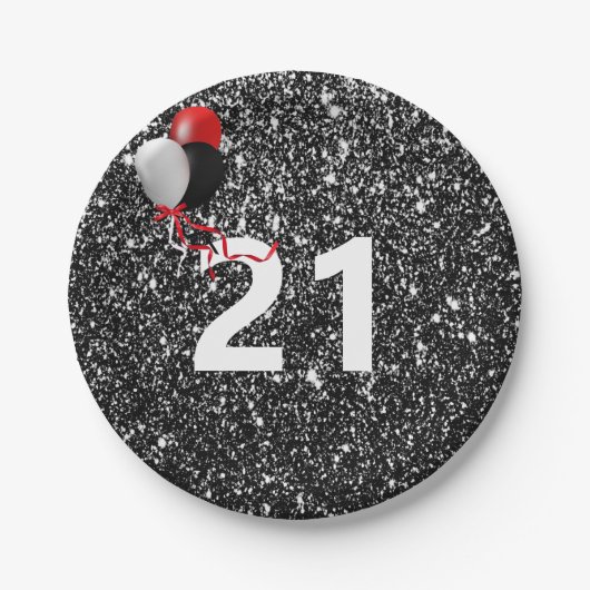 21ste verjaardag zwarte glitter en ballonnen papieren bordje (Voorkant)