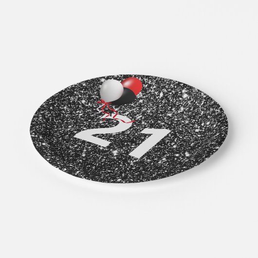 21ste verjaardag zwarte glitter en ballonnen papieren bordje (Gekanteld)
