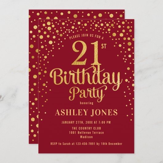 21ste Verjaardagsfeest - Rood & Goud Kaart (Voorkant / Achterkant)