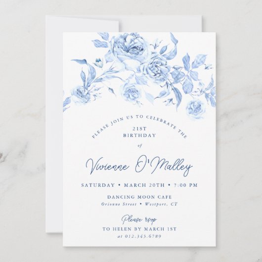 21ste verjaardagsfeestje Dusty Blue Floral Kaart (Voorkant)