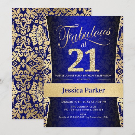 21ste verjaardagsfeestje - Gold Royal Blue Kaart (Voorkant / Achterkant)