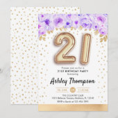 21ste verjaardagsfeestje - gouden ballonnen Paarse Kaart (Voorkant / Achterkant)