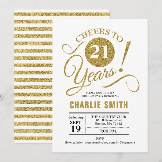 21ste verjaardagsfeestje - goudwit kaart (Voorkant / Achterkant)