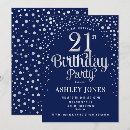 21ste verjaardagsfeestje - Marine & Zilver Kaart (Voorkant / Achterkant)