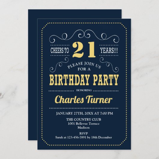 21ste verjaardagsfeestje - Navy Gold Kaart (Voorkant / Achterkant)