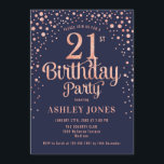 21ste verjaardagsfeestje - Navy & Roos Gold Kaart<br><div class="desc">Uitnodiging voor het 21e verjaardagsfeestje. Elegant design in navy en faux glitter roos goud. Beschikt over stijlvol scriptlettertype en confetti. Stuur me een bericht als je aangepaste leeftijd nodig hebt.</div>