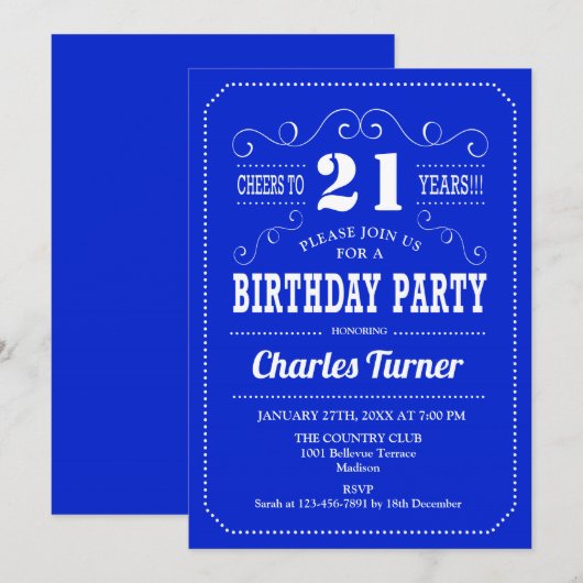 21ste verjaardagsfeestje - Royal Blue White Kaart (Voorkant / Achterkant)
