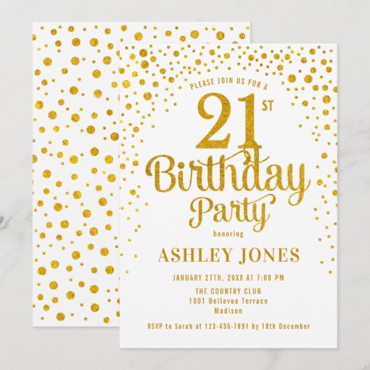21ste verjaardagsfeestje - Wit & Goud Kaart (Voorkant / Achterkant)