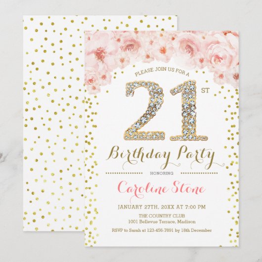 21ste verjaardagsfeestje - wit goud roze kaart (Voorkant / Achterkant)