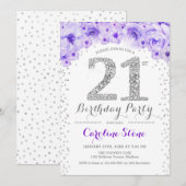 21ste verjaardagsfeestje - wit zilver Paarse Kaart (Voorkant / Achterkant)