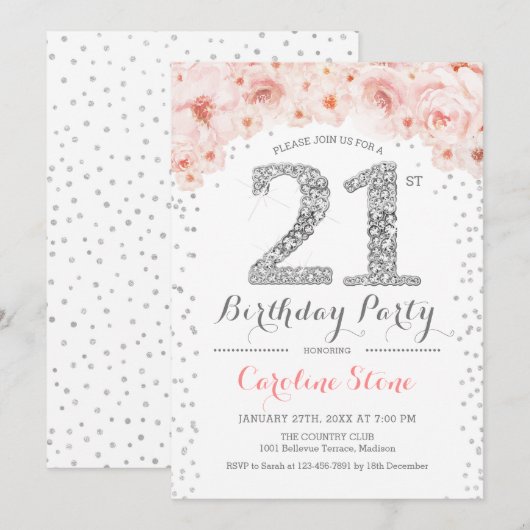 21ste verjaardagsfeestje - wit zilver roze kaart (Voorkant / Achterkant)
