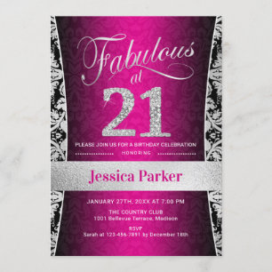 21ste verjaardagsfeestje - Zilver Roze Zwart Kaart