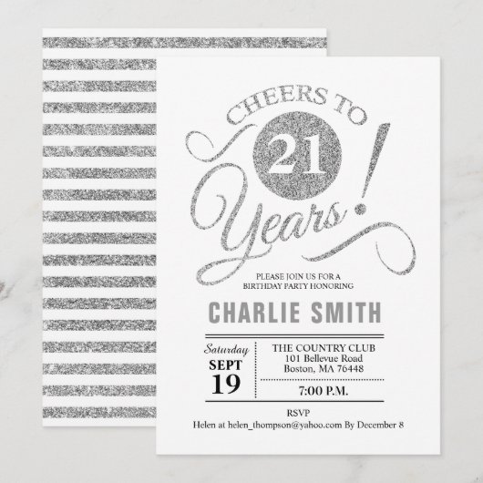 21ste verjaardagsfeestje - zilver wit kaart (Voorkant / Achterkant)