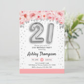 21ste verjaardagsfeestje - zilveren ballonnen kaart (Staand voorkant)