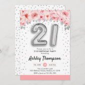 21ste verjaardagsfeestje - zilveren ballonnen kaart (Voorkant / Achterkant)