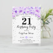 21ste verjaardagsfeestje - zilveren paarse bloemen kaart (Staand voorkant)