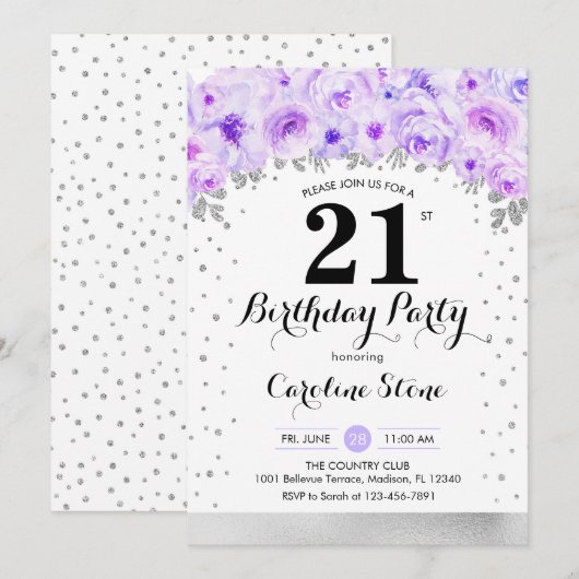 21ste verjaardagsfeestje - zilveren paarse bloemen kaart (Voorkant / Achterkant)