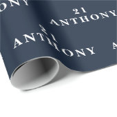 21ste Verjaardagsfeestnaam Marine Blauw Modern Pat Cadeaupapier (Rol Hoek)