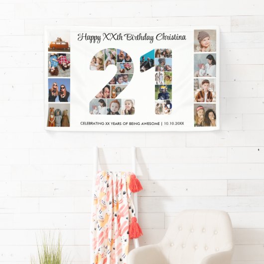 21ste verjaardagsfeestnummer 21 fotocollage spandoek (Insitu)