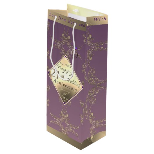 21ste weddenschap Jubileum Brass & Iolite Gift Bag Wijn Cadeautas (Voorkant Gekanteld)