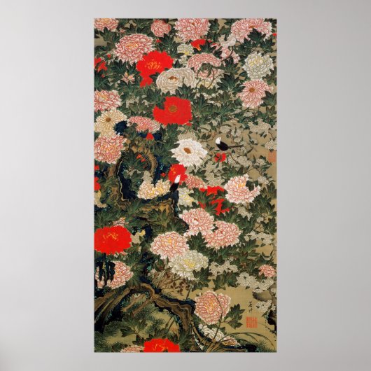 22. 牡 小 図, 若 冲 Peonies en kleine vogels, Jakuchüu Poster (Voorkant)