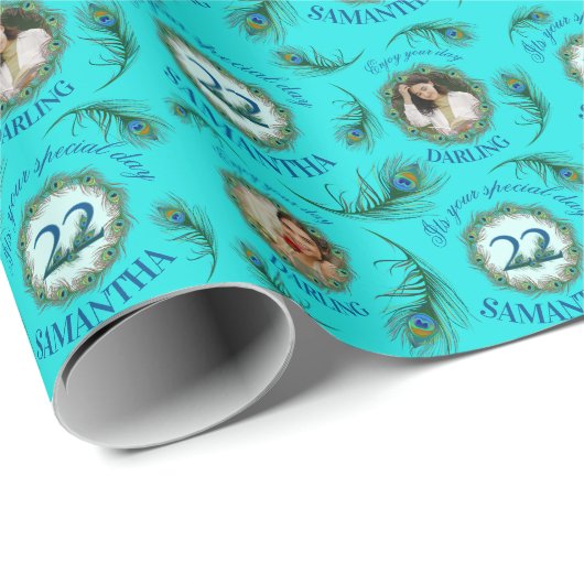 22 Peacock Feather Fully Editable Custom Photo Cadeaupapier (Rol Hoek)