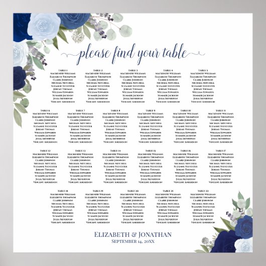 22 Tabel Blauwe Boho Floral Wedding Seating Chart Poster (Voorkant)