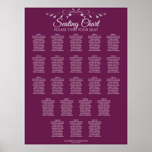 22 Tabel Elegant Cassis Wedding Seating Chart Poster (Voorkant)