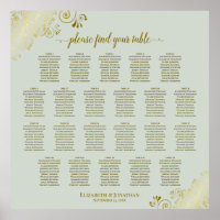 22 Tabel Lacy Gold op Sage Wedding Seating Chart