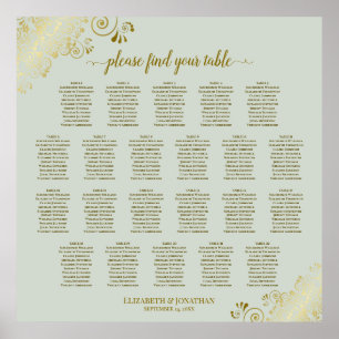 22 Tabel Lacy Gold op Sage Wedding Seating Chart Poster