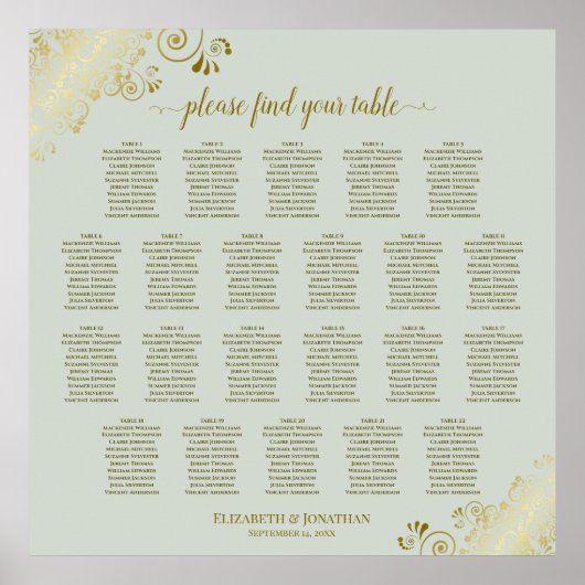 22 Tabel Lacy Gold op Sage Wedding Seating Chart Poster (Voorkant)