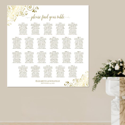 22 Tabel Lacy Gold op White Wedding Seating Chart Poster