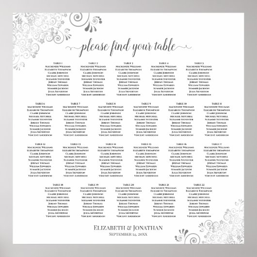 22 Tabel Lacy Silver White Wedding Seating Chart Poster (Voorkant)