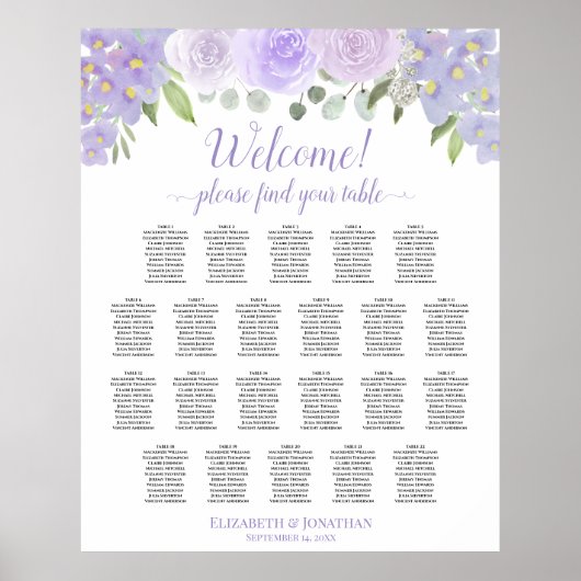 22 Tabel Lavender Floral Wedding Seating Chart Poster (Voorkant)