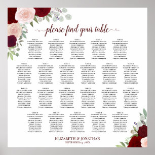 22 Tabel Rood en roze Floral Wedding Seating Chart Poster