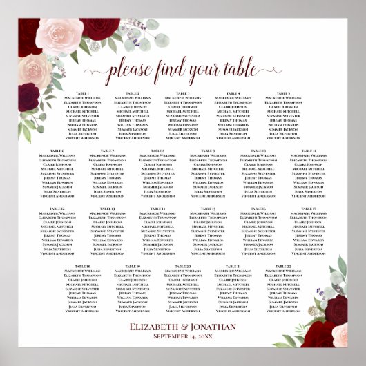 22 Tabel Rood en roze Floral Wedding Seating Chart Poster (Voorkant)