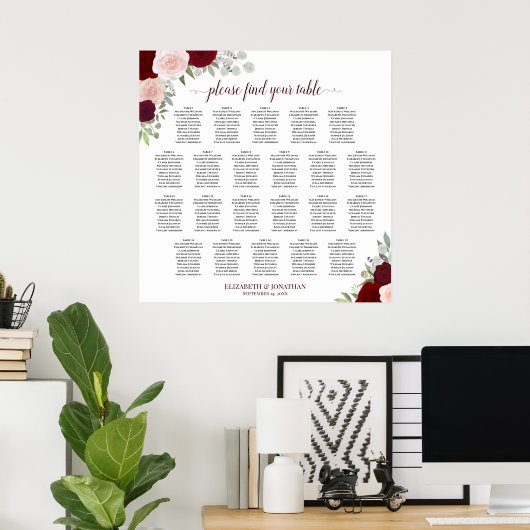 22 Tabel Rood en roze Floral Wedding Seating Chart Poster (Thuiskantoor)