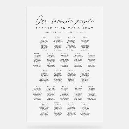 22 Tables Favorite People Acrylic Seating Chart Acryl Bord (Voorkant)