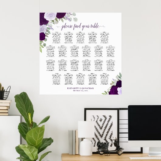 22 Tafel Paars Boho Bloemig Trouw Stoelen Plan Poster (Thuiskantoor)