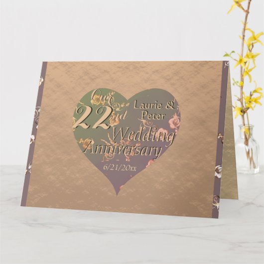 22e bruiloft Jubileum Coppery Heart Roos Kaart (Gele Bloem)