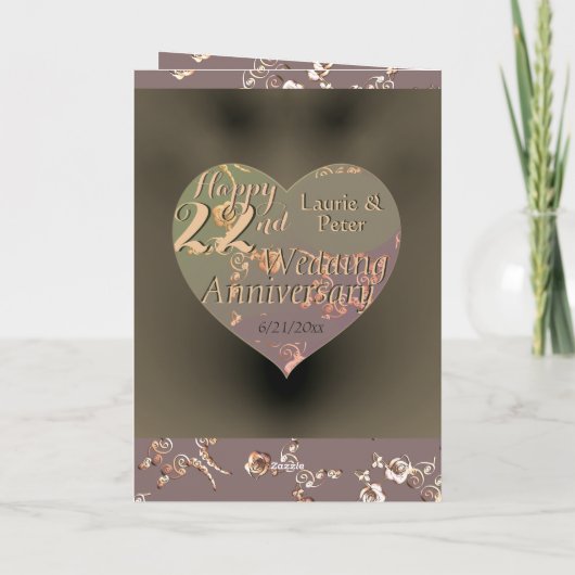 22e bruiloft Jubileum Coppery Heart Roos Kaart (Achterkant)