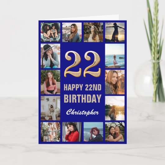 22e Happy Birthday Navy Blue & Gold Photo Collage Kaart (Voorkant)