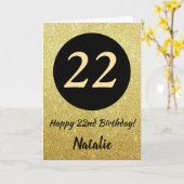 22e Happy Birthday Zwart en Goud Glitter Kaart (Gele Bloem)