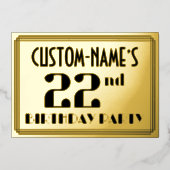 22e verjaardag: Art Deco Kijk "22" en naam Folie Uitnodiging (Voorkant)