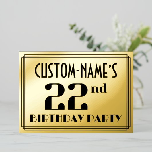 22e verjaardag: Art Deco Kijk "22" en naam Folie Uitnodiging (Staand Voorkant)